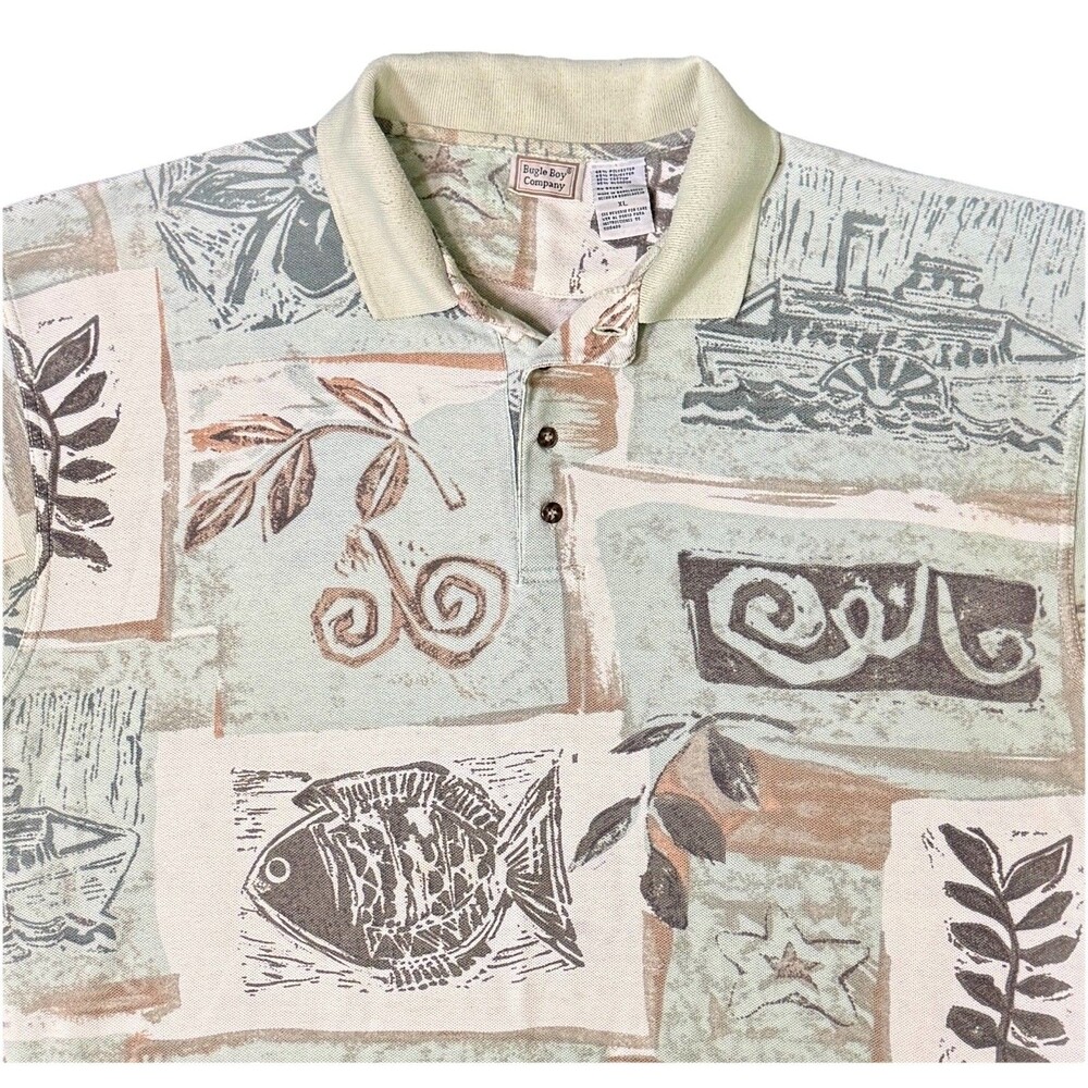 Retro Nautical Print Polo Shirt Men’s Short Sleeve Beach Vacation Casual Size XL